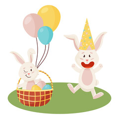 Bunnies Character on grass. Sitting and Laughing Funny, Happy Easter Rabbits.