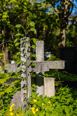 gravestone in the form of a stone cross in the cemetery