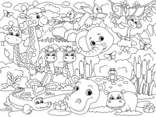 African animals, cartoon. Coloring page outline of cartoon.