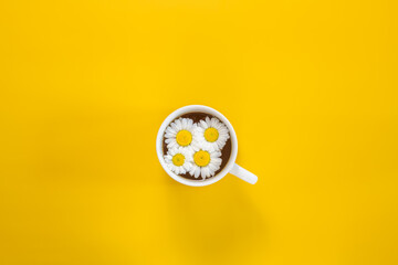 Cup of fresh healthy herbal chamomile tea on a yellow background 