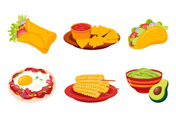 Traditional Mexican cuisine food set. National Mexico dish with meat, hot peppers, avocado, corn, tacos, burritos.
