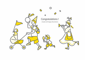 楽しい家族のパレード　シンプルで楽しい線画イラスト