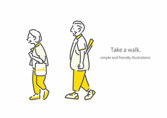 のんびりと散歩をするシニア夫婦　シンプルでお洒落な線画イラスト
