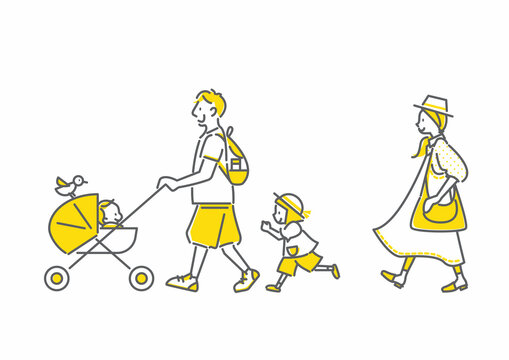 お散歩する四人家族　シンプルでお洒落な線画イラスト