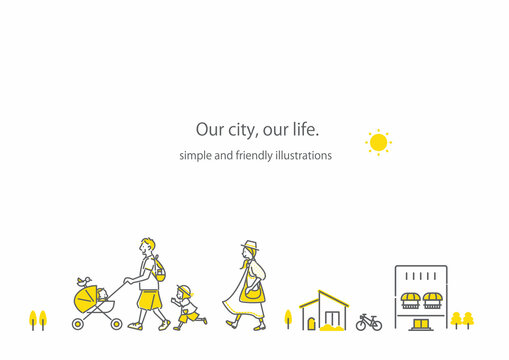 街を散歩する四人家族　シンプルでお洒落な線画イラスト