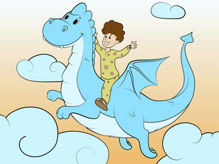 Children color, the boy flies on a dragon in the sky.