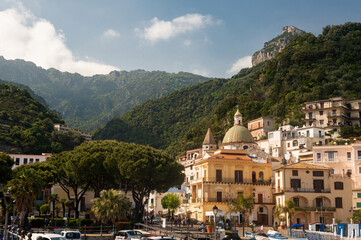 Fototapeta na wymiar Сozy little town on the Amalfi Coast - Cetara. Medieval village in the mountains on the shores of the Tyrrhenian Sea. Summer seaside resort.