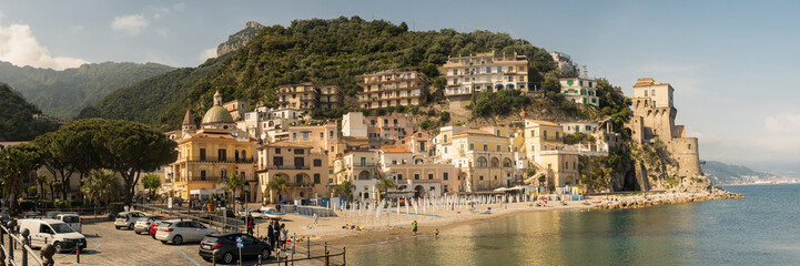 Сozy little town on the Amalfi Coast - Cetara. Medieval village in the mountains on the shores of the Tyrrhenian Sea. Summer seaside resort.