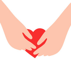 The hands hold and protect the red heart. Vector flat illustration