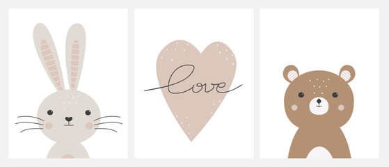 Cute bunny and teddy bear baby print. Cartoon vector illustration Scandinavian style. Wall art kids.  Boho set posters nursery. Textile design, postcards. Rabbit, bear and heart with the phrase lovе
