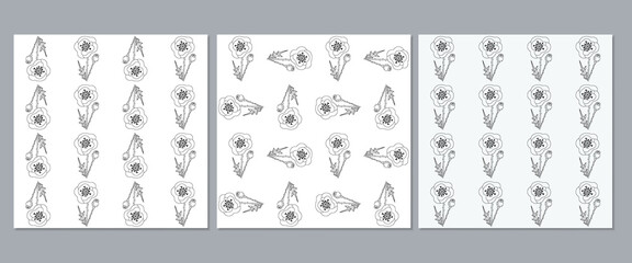 Set of botanical seamless patterns with stylized poppies. Floral modern vector print linear hand drawn