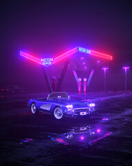 Neon gas station and retro car. Vintage cyberpunk auto. Fog rain and night. Color vibrant reflections on asphalt. 3D illustration.