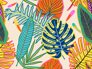 Colorful floral jungle pattern. Seamless pattern. Hand drawn style pattern.