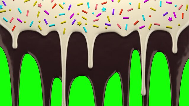 Milk and chocolate icing with sprinkles drips on green screen and transparent background. Liquid flowing down the surface in streams, melting streaks. 3D animation. Alpha channel ProRes 4444 in 4k UHD