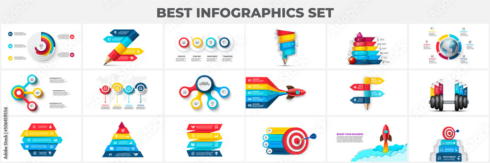 Aufkleber set of infographic presentation slides. earth, target, goal, rocket, arrows, flowchart and circle di