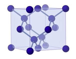The unit cell of a diamond can be envisioned as a face centered cube of carbon atoms, with four atoms in the tetrahedral spaces within the cube.  There is a total of twelve atoms in the unit cell.