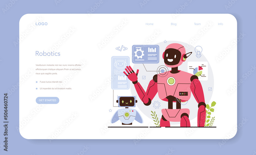 Poster cyber engineering web banner or landing page. robotics' constructing