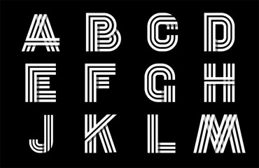 Decorative alphabet, font with capital letters. Modern set for monograms, logos, emblems, initials. Made of white stripes Overlapping with shadows
