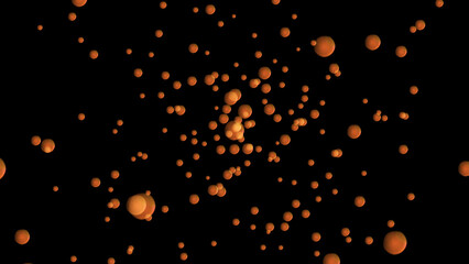 Orange color water drops fly in super slow motion in outer space. 4K. 3D. Isolated black background.