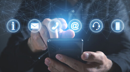 Man showing Contact symbols. Social Media. Internet