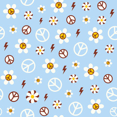 Floral seamless pattern with hippie retro elements on a blue background. Trendy vector aesthetic groovy design in style 60s, 70s