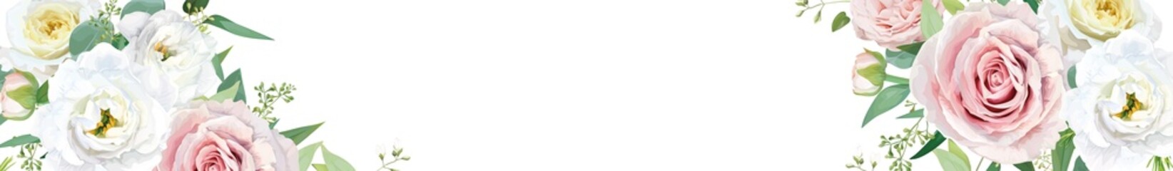 Vector art floral wedding site banner design with pink, white and yellow flowers. Garden roses, seeded eucalyptus, lisanthus, ranunculus flower. Editable frame, border illustration on white background