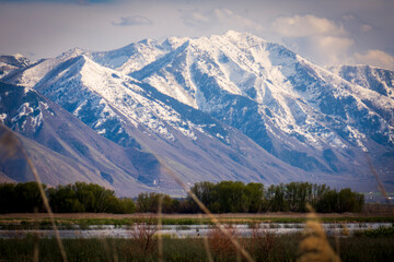 Snowy Wasatch Mountains beyond Utah Lake