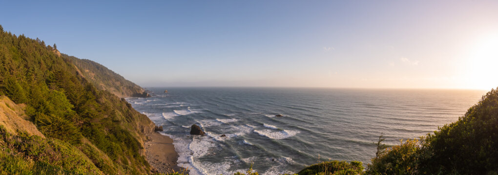 Panoramic landscape seascape sunset on the California Coast