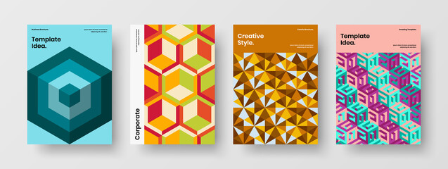 Fototapeta premium Unique mosaic pattern leaflet illustration collection. Vivid brochure A4 design vector layout bundle.