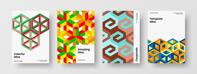 Obraz premium Fresh mosaic hexagons corporate brochure illustration set. Minimalistic magazine cover A4 design vector template collection.