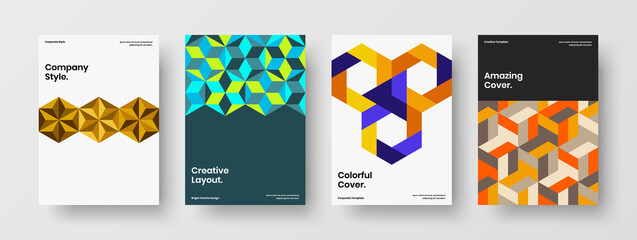 Amazing mosaic hexagons leaflet concept set. Colorful corporate brochure A4 vector design template collection.