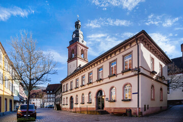Market square with tower of St. Arbogast, Roman Catholic parish church of Haslach im Kinzigtal, Germany