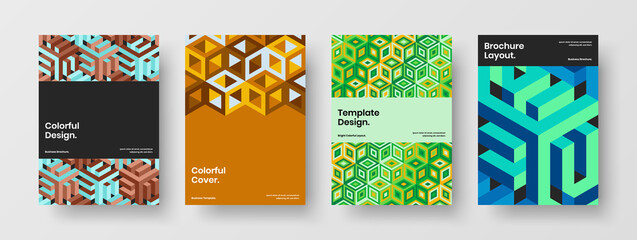 Fresh geometric shapes annual report template set. Isolated magazine cover design vector illustration bundle.