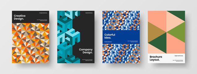 Minimalistic leaflet A4 design vector layout collection. Modern geometric hexagons annual report concept bundle.