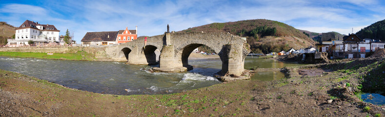 Flood damage in Ahrtal and Eifel. Reconstruction after cleanup. Nepomukbrücke in Rech, Germany