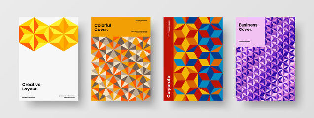 Vivid handbill A4 design vector layout bundle. Trendy geometric hexagons book cover template set.