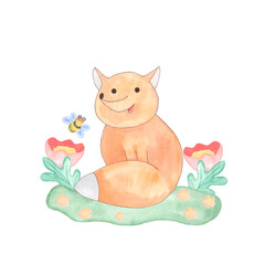 A cute fox is sitting in a green meadow with flowers. Watercolor drawing in children's style. On a white background.
