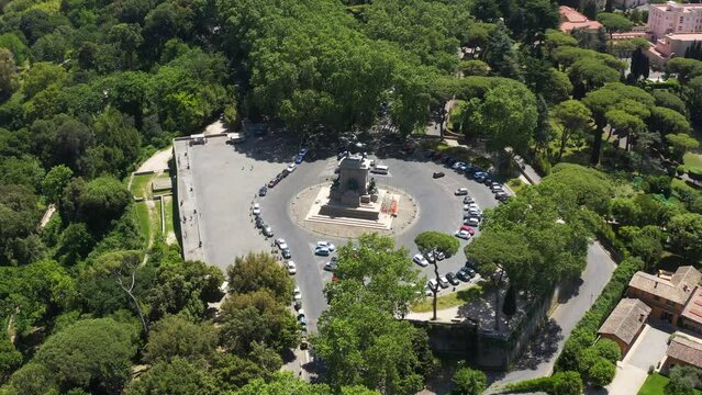 Aerial view of the Janiculan Hill, a hill in western Rome, Italy. The crest of the Janiculum is dominated by equestrian monument to Giuseppe Garibaldi, an Italian patriot. 