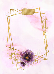 Geometric golden frame with Watercolor Purple and golden peonies flowers illustration
