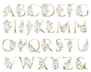 Light golden capital Letters with watercolor roses and leaves. Pastel floral alphabet