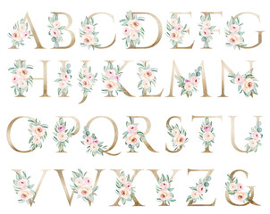 Light golden capital Letters with watercolor roses and leaves. Pastel floral alphabet © katrinshine