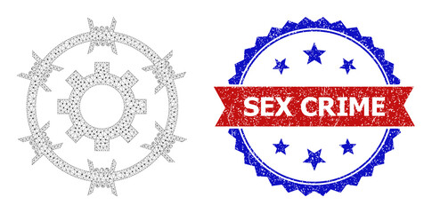 Polygonal industrial jail carcass illustration, and bicolor scratched Sex Crime seal. Polygonal carcass symbol is created from industrial jail pictogram.