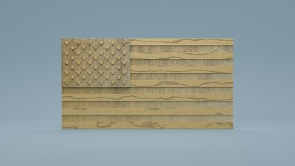 Minimal wooden national flag of the United States of America with 50 stars and 13 horizontal alternating stripes wood texture 3D rendering illustration