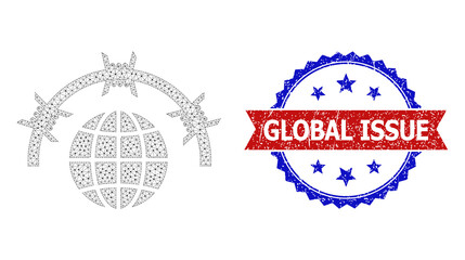 Polygonal world jail frame illustration, and bicolor grunge Global Issue watermark. Mesh wireframe illustration based on world jail pictogram.