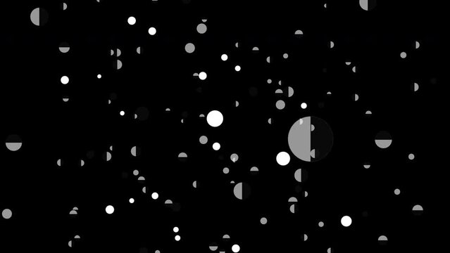 White geometric balls fly randomly in space at high speed. Night in space. 4K. 3D. Isolated black background. Rotation image for scientific math conference.
