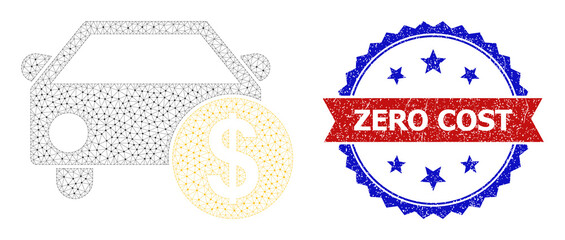 Polygonal car price wireframe icon, and bicolor unclean Zero Cost stamp. Mesh wireframe image designed with car price icon. Vector imprint with Zero Cost tag inside red ribbon and blue rosette,