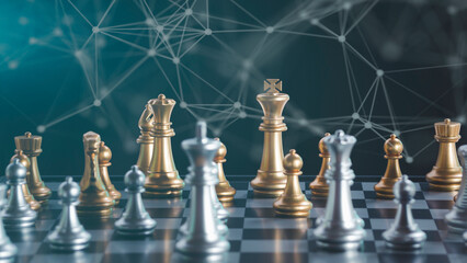 Hand of businessman holding gold king chess on stock market or forex trading graph chart with cityscape image economy trend for digital financial investment.Management or leadership strategy concept.