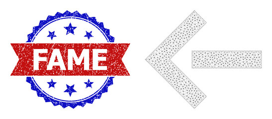 Mesh move left wireframe icon, and bicolor scratched Fame watermark. Mesh wireframe illustration is designed with move left icon. Vector imprint with Fame tag inside red ribbon and blue rosette,