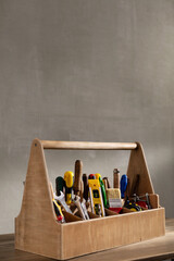 Construction tools and toolbox at wooden table background texture. Tools kit and tool box - 506466520