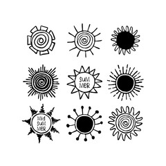 Set of hand drawn suns. Doodle drawing. Summer, Midsummer hand drawn lettering.